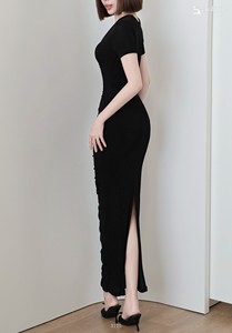 Robe longue moulante à col en V froncée pour femme, manches courtes, extensible et scintillante, vente en gros ET3175 - Product Image 6