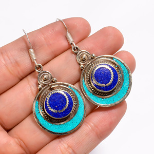 Pendientes de gema de lapislázuli de Coral turquesa Natural, joyería de plata tibetana hecha a mano, joyería francesa - Product Image 1