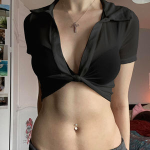 Top Corto Sexy de Malla Transparente para Mujer, con Escote Profundo en V, Manga Corta, Transparente, para Fiesta, Club, Salida Nocturna - Product Image 5