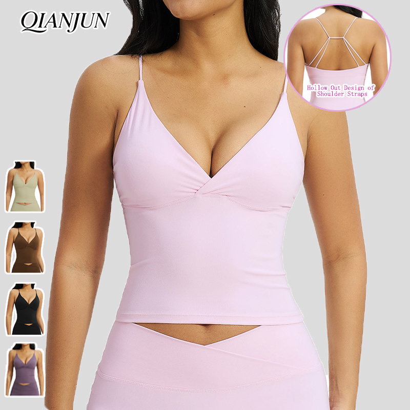 Custom Seamless Sport Vest Built-in Chest Pad Hollow Out Backless Deep V-Neck Cross Sexy Tank Top Fitness Yoga Vest for Women