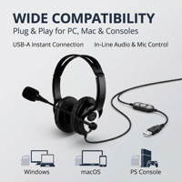 Casque de jeu supra-auriculaire avec micro, son stéréo filaire USB-A pour PC, Mac, console PS, Plug and Play