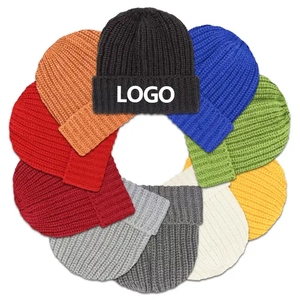 K1076 Venta al por mayor Unisex grueso peso pesado plano de punto invierno viaje sombreros personalizado cálido gorro en blanco - Product Image 1