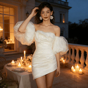Nuovo Abito da Sposa Elegante in Stile Francese, Mini Abito da Sposa per Matrimonio e Fidanzamento, Corto in Raso con Scollo Profondo - Product Image 5