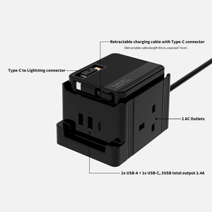 Chargeur compact britannique 2 ports USB 1 <span class=keywords><strong>c</strong></span>âble USB <span class=keywords><strong>C</strong></span> rétractable avec adaptateur <span class=keywords><strong>Apple</strong></span> 2 prises de courant pour une utilisation à l'hôpital - Product Image 2
