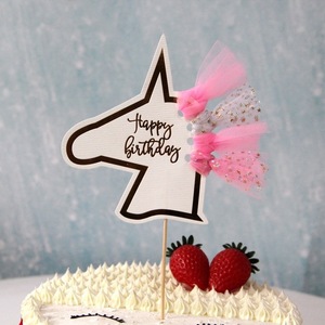 <strong>Unicorn</strong> Cake Toppers Paper Birthday Cupcake Insert Card Banner With Organza - Product Image 2