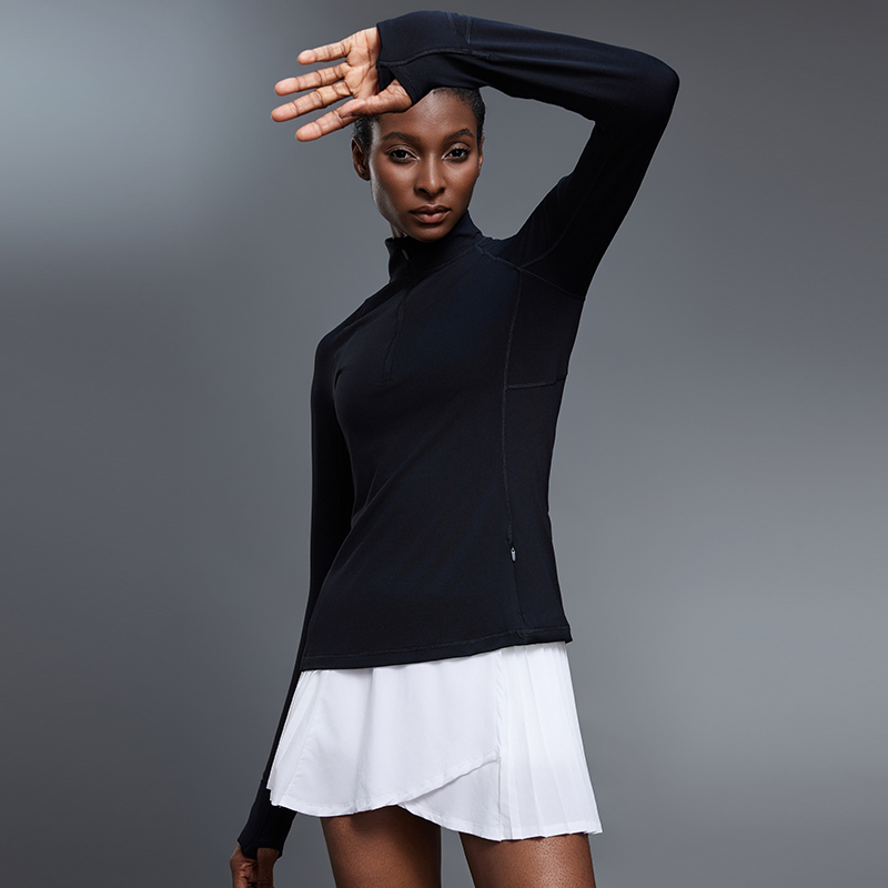 Womens Long Sleeve Nylon Spandex Yoga Top Four Way Stretch Sweat Wicking Breathable Quick Dry Indoor Outdoor Fitted Half Zip Tee