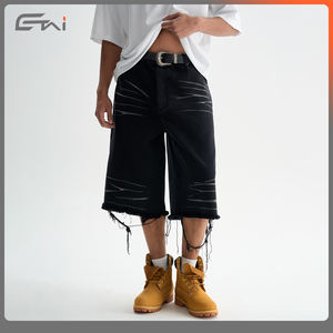 Personnalisé 100% Coton Garçons Recadrée Jorts Lâche Jambe Droite <span class=keywords><strong>Noir</strong></span> Soleil Délavé Lavé Bord Brut Denim Shorts Baggy Streetwear Été - Product Image 4