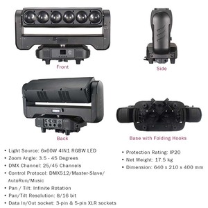 Luz Móvil de Cabeza con Zoom LED de Alta Calidad y Potencia, 6x60w, 4 en 1, RGBW, con Efecto Wash, para Estudio de TV - Product Image 4