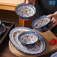Ensemble de dîner nordique rétro à fleurs, assiettes peintes à la main sous glaçure, vaisselle en céramique de ménage créative exquise