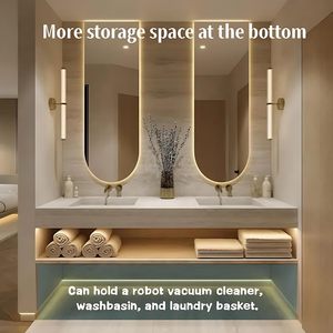 Mueble de Baño de Lujo Personalizado al por Mayor, Color Beige, Montado en la Pared, con Lavabo Doble, Estantes Abiertos y Espejo Ovalado LED Inteligente Antivaho - Product Image 6