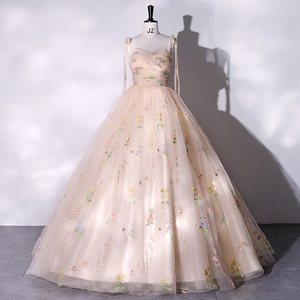 Champagne Strapless Ball Gown Embroidered Organza Floral Print Empire Waistline Evening Dress For Banquet Hostess Party - Product Image 1