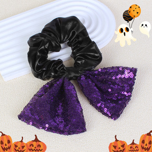 Halloween PU Leather Scrunchies With Glitter Sequin <b>Bow</b> High Elastic Hair Ties Women Cosplay Party Festival Hair Accessories - Product Image 4