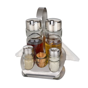 5 Pièces En Acier Inoxydable Cruet Set Sel Poivre Huile <span class=keywords><strong>Vinaigre</strong></span> Titulaire avec Boîte De Cure-Dents Cuisson Distributeur D'huile Bouteille <span class=keywords><strong>Vinaigre</strong></span> - Product Image 1