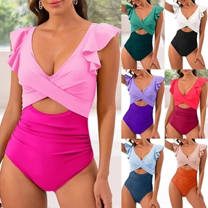 <span class=keywords><strong>Maillot</strong></span> <span class=keywords><strong>de</strong></span> <span class=keywords><strong>bain</strong></span> une pièce sexy pour femme, style européen et américain, dos croisé, taille haute, à volants, couleur unie - Product Image 2
