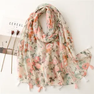 Manufacturer custom summer female girls fresh style sunscreen shawl scarves quality cotton linen pink flower floral print scarf