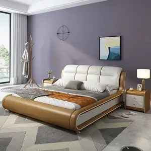 Cama de casal estilo europeu, cama macia de couro