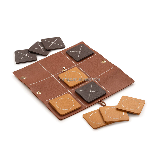 Custom XO Chess Game Playful Roll up Board Leather Tic Tac Toe Set