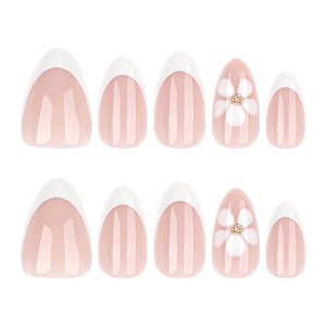 24 pièces/ensemble 3916 <span class=keywords><strong>Manucure</strong></span> française élégante avec des accents de fleurs blanches délicates, forme amande courte, ongles à presser personnalisables - Product Image 5