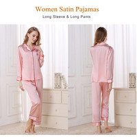 Piyama Wanita Ukuran Besar Polos Lengan Panjang Setelan Piyama 2 Potong Baju Tidur Musim Semi Gugur Setelan Tidur Satin Sutra