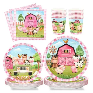 Huiran Disposable Tableware Set Paper Cups Plates Napkins Set Baby Shower Famehouse Animals Theme Party Tableware Set