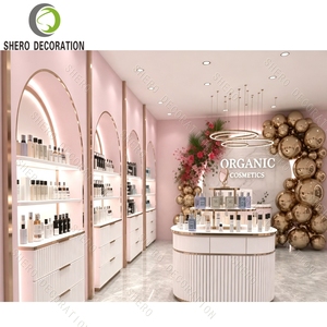 Étagères de présentation cosmétiques en or rose de luxe, design d'intérieur de parfumerie, aménagement de boutique de cosmétiques bio, vitrine arquée - Product Image 6