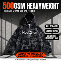 Maßgeschneiderter Private Label Camo Zip-Up Hoodie für Herren 500gsm Schwergewicht Acid Wash Stickerei Vintage Streetwear Boxy Fit Premium Blank