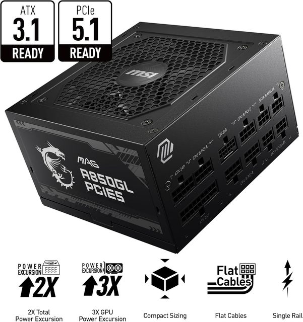 For MAG A850GL PCIe5 Fully Modular Compact Gaming 850 Power Supply 80+ Gold ATX 3.1 PCIe 5.1 Ready 24pin 5V Dual-Color