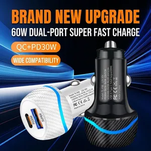 Chargeur de voiture double port 60W style fibre de carbone USB C PD 30W QC 30W Charge rapide Allume-cigare automatique 1 pièce - Product Image 2