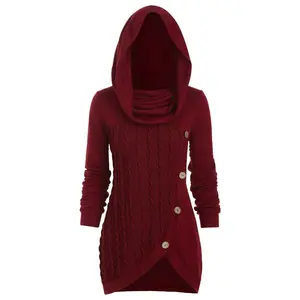 Ladies large size solid color stitching button decoration pile collar hooded irregular knitted sweater AG1563