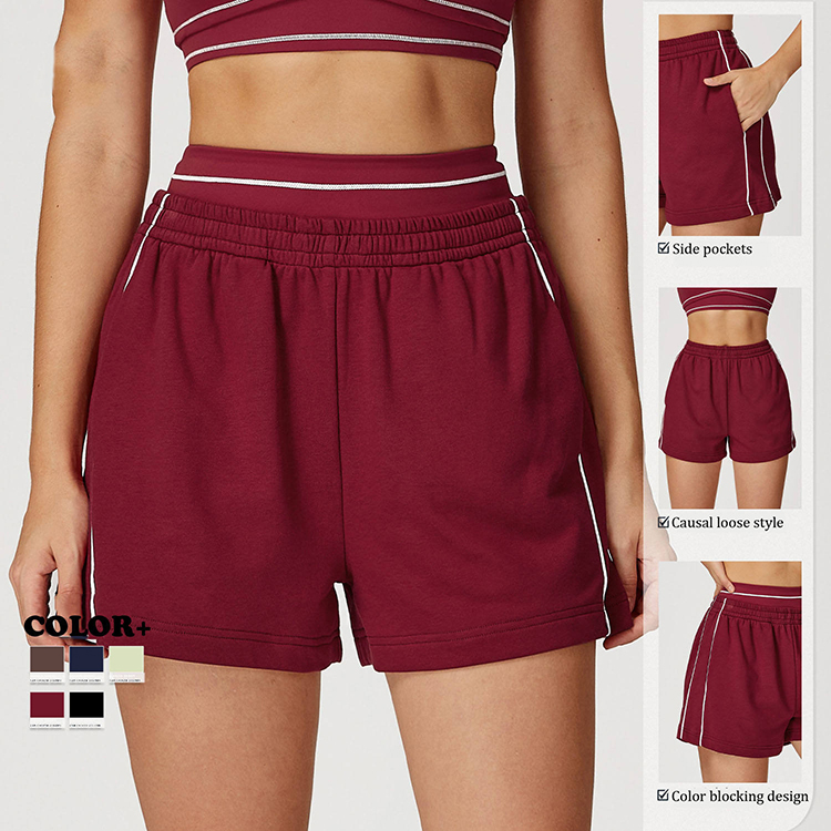 New Design Color Blocking High Waist Loose Breathable Cotton Polyester Women Sports Shorts With Side Pocket Outdoor Running Yoga
