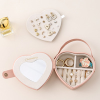 Boîte à bijoux en cuir personnalisée en forme de cœur romantique, miroir, étui de voyage, boucles d'oreilles, bagues, doublure en velours, organisateur portable, cadeau