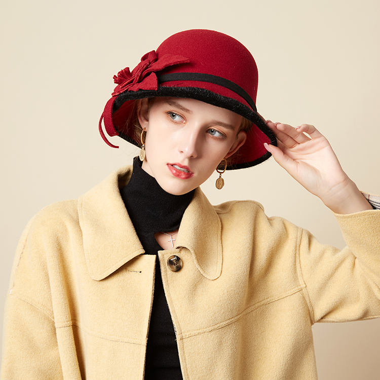 Cappello In Feltro Di Lana Floreale Per Donna – Modello Bombetta/Fedora Vintage, Tesa Piccola, Caldo E Morbido, Per Autunno E Inverno (Taglia 56 Cm)