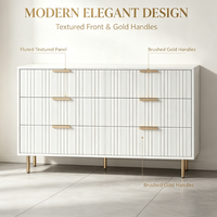 Commode moderne en bois à 6 tiroirs cannelés blancs avec quincaillerie dorée, à poser au sol, pour chambre et appartement