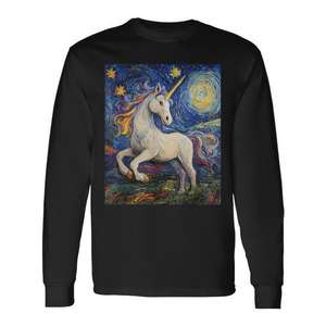 Camiseta de Manga Larga con Estampado Digital de Unicornio Estilo Noche Estrellada de Van Gogh, Cuello Redondo, Unisex para Adultos, Promocional - Product Image 1
