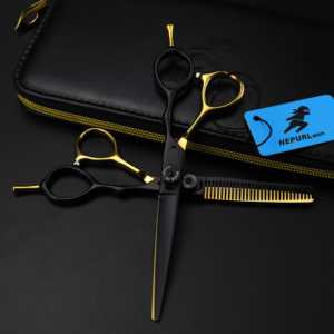 Tijeras de Peluquería NEPURLson de 6.0 Pulgadas <span class=keywords><strong>GF</strong></span> 02 Negro Dorado, Nuevo Diseño de Moda, Tijeras Planas para Peluquería, Tijeras para Cabello HS-704 - Product Image 4