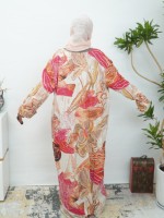 Dernières tendances de la mode islamique élégante, robes modestes pour femmes, imprimé floral abstrait, coupe droite, abaya naturelle et écologique