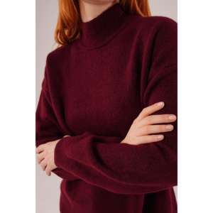 Pull basique en maille bordeaux pour femme, manches longues, col côtelé, décontracté, anti-boulochage, couleur bordure - Product Image 4