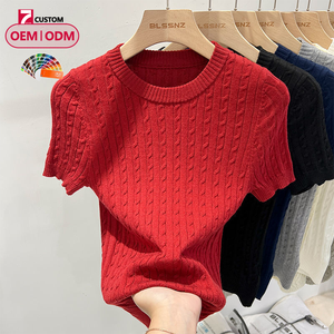 H26467 OEM&ODM T-shirt court en maille à col rond et manches courtes pour femme, nouveau design torsadé, coupe ajustée - Product Image 6