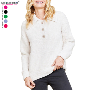 Suéter de <span class=keywords><strong>Mujer</strong></span> de Punto de Chenilla con Efecto Peludo, Oversize, Hombros Caídos, <span class=keywords><strong>Cuello</strong></span> Polo Henley con Botones, Colores Personalizados - Product Image 1
