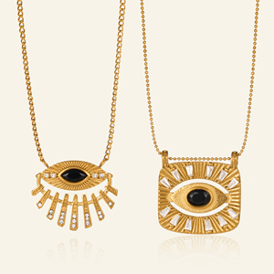 Myneck Aksesori kalung liontin manik-manik emas wanita, Aksesori baja tahan karat berlapis emas 18k perhiasan zirkon mata hitam - Product Image 2