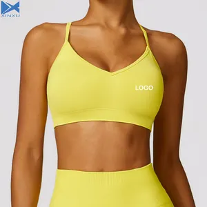 XINXU Sujetador de yoga cómodo Ropa interior de secado rápido Sexy Hollow X Back Sujetador deportivo amarillo para mujer