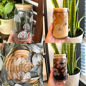 Taza de sublimación en forma de lata de cerveza, vaso de vidrio con tapa de bambú y vasos de cerveza de paja de vidrio, 13oz, 18oz