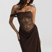 Nouvelle Robe Longue Moulante d'Été 2026 pour Femme, Col Carré, Taille Empire, Bretelles Fines, Dentelle Unie et Patchwork Extensible – Vente en Gros