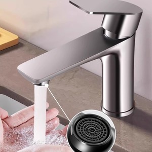 Grifo de lavabo de acero inoxidable con una sola manija, válvula de cerámica, montaje en encimera para lavabo de baño - Product Image 1