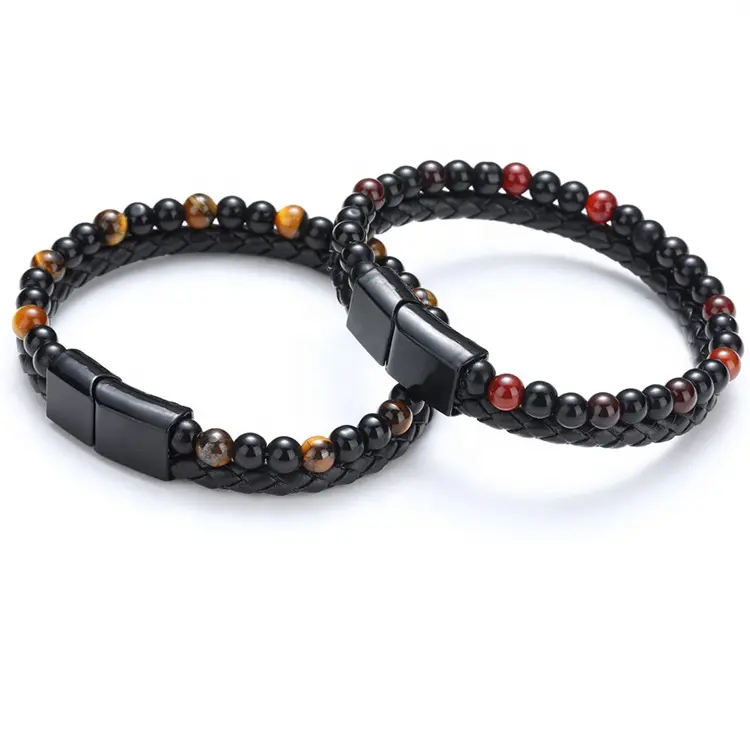 Fashion Tiger Eye Lava Men Natural Bead Braided Leather Bracelets With Magnetic Clasp Black Genuine Leather Cuff