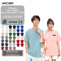 Kaos Oblong Pria Wanita Bahan Katun Murni 220GSM Putih Polos Kerah Bulat Model Drop Shoulder Longgar, Kaos Dalam Kasual, Atasan Basic, Logo Custom