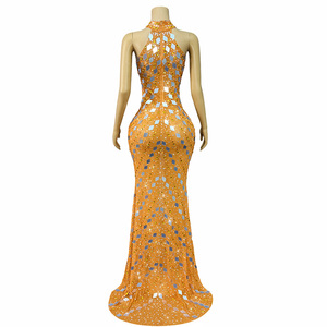 Không Tay Màu Cam Lưới Shining Thạch Buổi Tối Prom Đảng Gown Trailing Váy Bóng Gown Đính Cườm Ngọc Trai Cho Thảm Đỏ Hiển thị - Product Image 6