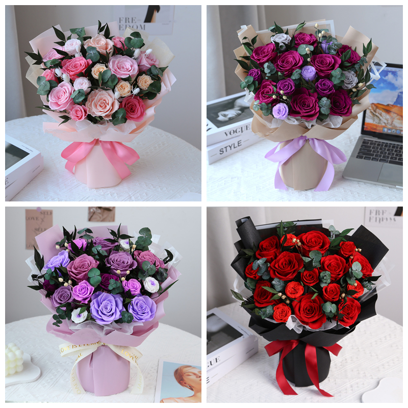 Bouquet di rose stabilizzate rosse/rosa/viola da 16 pezzi