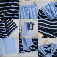 Ensemble décontracté sport chic anti-rides en viscose tricotée à col rond pour femme, avec haut rayé à manches courtes et lacets, et pantalon large pour l'été