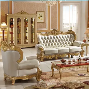 European style solid wood golden color carving living room furniture leather sofa set furniture